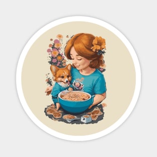 Corgi Mom's Ramen and Floral Serenity Magnet